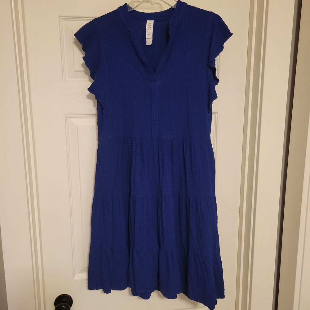 Anthropologie AMADI Alder Blue Textured Ruffle Sleeve V-neck Shirt Dress Size XS